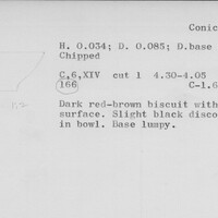 Index card with typed and handwritten information, sometimes including a sketch, of pottery from an excavation.