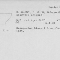 Index card with typed and handwritten information, sometimes including a sketch, of pottery from an excavation.