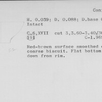Index card with typed and handwritten information, sometimes including a sketch, of pottery from an excavation.