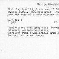 Index card with typed and handwritten information, sometimes including a sketch, of pottery from an excavation.