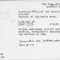 Index card with typed and handwritten information, sometimes including a sketch, of pottery from an excavation.