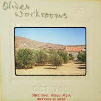 A vintage photo of a workshop with olive trees and mountains in the background, dated October 74.