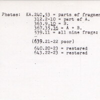 Index card with typed and handwritten information, sometimes including a sketch, of pottery from an excavation.
