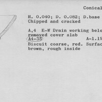 Index card with typed and handwritten information, sometimes including a sketch, of pottery from an excavation.