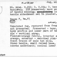 Index card with typed and handwritten information, sometimes including a sketch, of pottery from an excavation.