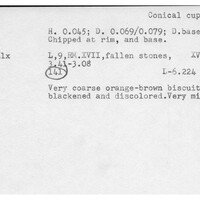 Index card with typed and handwritten information, sometimes including a sketch, of pottery from an excavation.