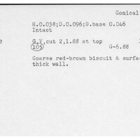 Index card with typed and handwritten information, sometimes including a sketch, of pottery from an excavation.