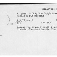 Index card with typed and handwritten information, sometimes including a sketch, of pottery from an excavation.