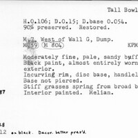 Index card with typed and handwritten information, sometimes including a sketch, of pottery from an excavation.