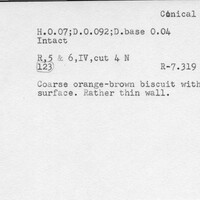 Index card with typed and handwritten information, sometimes including a sketch, of pottery from an excavation.