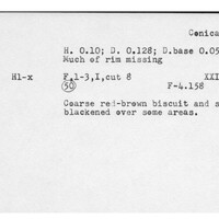 Index card with typed and handwritten information, sometimes including a sketch, of pottery from an excavation.