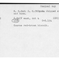 Index card with typed and handwritten information, sometimes including a sketch, of pottery from an excavation.