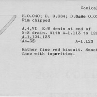 Index card with typed and handwritten information, sometimes including a sketch, of pottery from an excavation.
