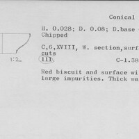 Index card with typed and handwritten information, sometimes including a sketch, of pottery from an excavation.