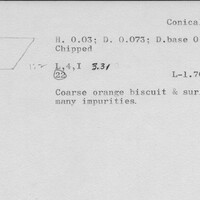 Index card with typed and handwritten information, sometimes including a sketch, of pottery from an excavation.