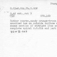 Index card with typed and handwritten information, sometimes including a sketch, of pottery from an excavation.