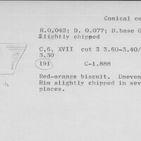 Index card with typed and handwritten information, sometimes including a sketch, of pottery from an excavation.