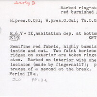 Index card with typed and handwritten information, sometimes including a sketch, of pottery from an excavation.