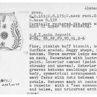 Index card with typed and handwritten information, sometimes including a sketch, of pottery from an excavation.