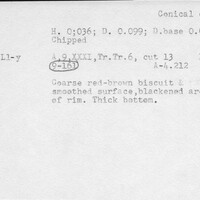 Index card with typed and handwritten information, sometimes including a sketch, of pottery from an excavation.