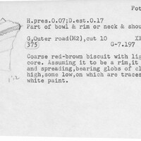 Index card with typed and handwritten information, sometimes including a sketch, of pottery from an excavation.