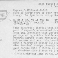 Index card with typed and handwritten information, sometimes including a sketch, of pottery from an excavation.