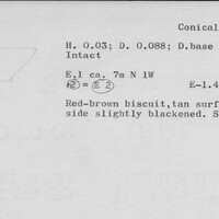 Index card with typed and handwritten information, sometimes including a sketch, of pottery from an excavation.