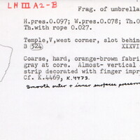 Index card with typed and handwritten information, sometimes including a sketch, of pottery from an excavation.