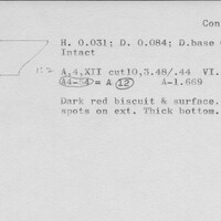 Index card with typed and handwritten information, sometimes including a sketch, of pottery from an excavation.