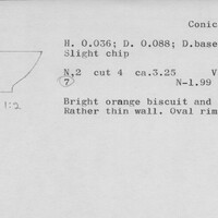 Index card with typed and handwritten information, sometimes including a sketch, of pottery from an excavation.