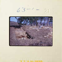 "Old ruins with rocks and vegetation, captured on an aged photographic film strip."