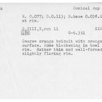 Index card with typed and handwritten information, sometimes including a sketch, of pottery from an excavation.