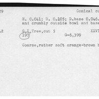 Index card with typed and handwritten information, sometimes including a sketch, of pottery from an excavation.