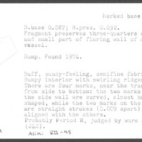 Index card with typed and handwritten information, sometimes including a sketch, of pottery from an excavation.
