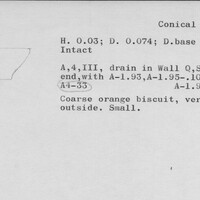 Index card with typed and handwritten information, sometimes including a sketch, of pottery from an excavation.