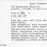 Index card with typed and handwritten information, sometimes including a sketch, of pottery from an excavation.