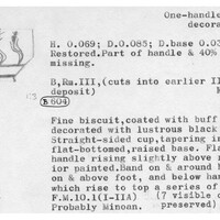 Index card with typed and handwritten information, sometimes including a sketch, of pottery from an excavation.