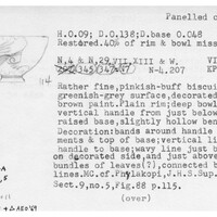 Index card with typed and handwritten information, sometimes including a sketch, of pottery from an excavation.
