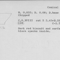 Index card with typed and handwritten information, sometimes including a sketch, of pottery from an excavation.