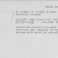 Index card with typed and handwritten information, sometimes including a sketch, of pottery from an excavation.