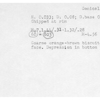 Index card with typed and handwritten information, sometimes including a sketch, of pottery from an excavation.