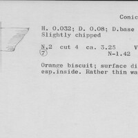 Index card with typed and handwritten information, sometimes including a sketch, of pottery from an excavation.
