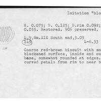 Index card with typed and handwritten information, sometimes including a sketch, of pottery from an excavation.