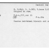 Index card with typed and handwritten information, sometimes including a sketch, of pottery from an excavation.