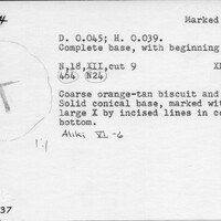 Index card with typed and handwritten information, sometimes including a sketch, of pottery from an excavation.