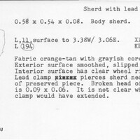 Index card with typed and handwritten information, sometimes including a sketch, of pottery from an excavation.