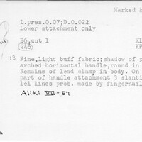 Index card with typed and handwritten information, sometimes including a sketch, of pottery from an excavation.