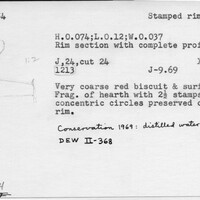 Index card with typed and handwritten information, sometimes including a sketch, of pottery from an excavation.