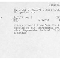 Index card with typed and handwritten information, sometimes including a sketch, of pottery from an excavation.