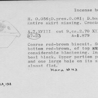 Index card with typed and handwritten information, sometimes including a sketch, of pottery from an excavation.